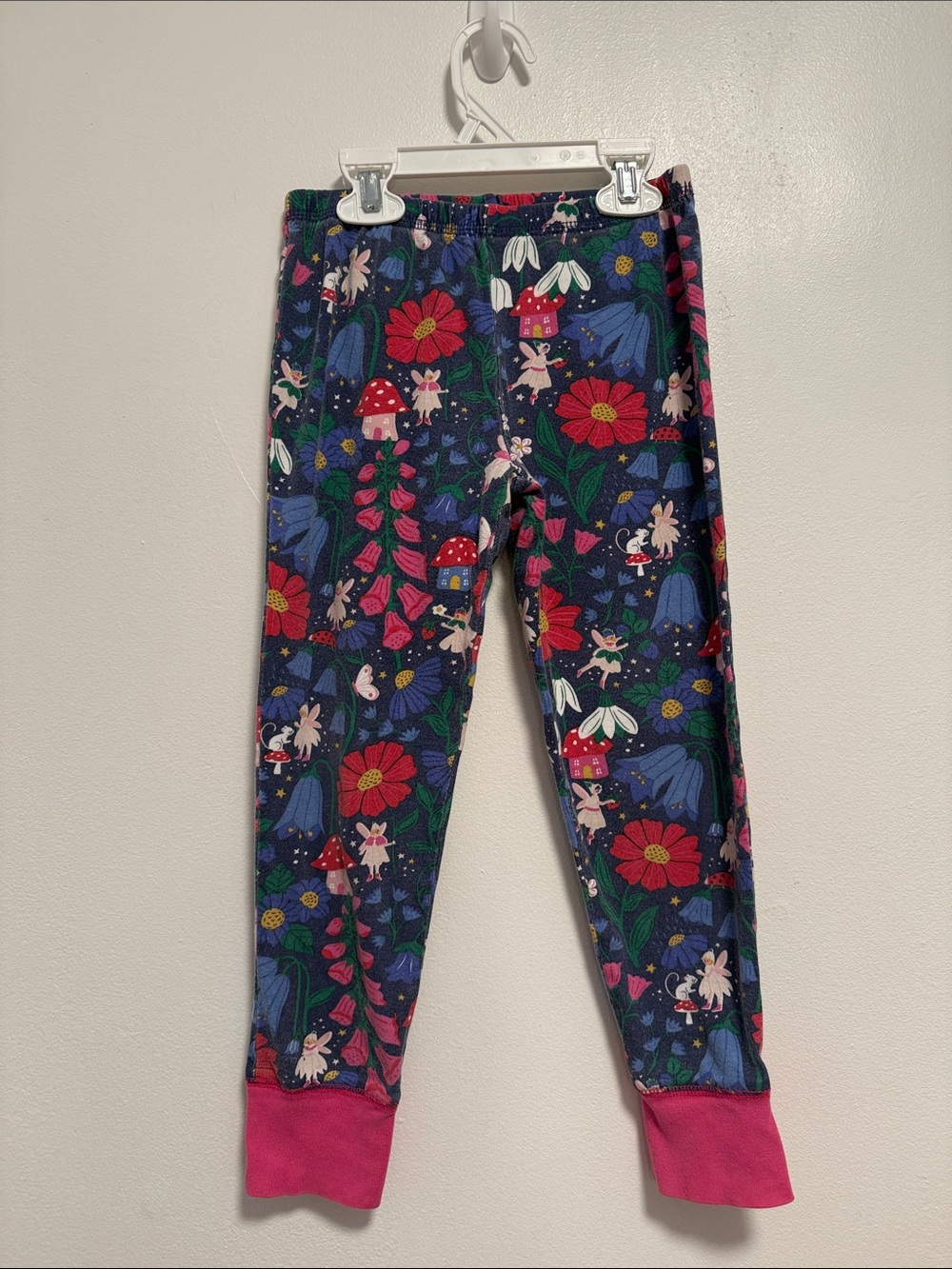 Mini Boden Navy Floral and Fairy Leggings with Pink Cuffs